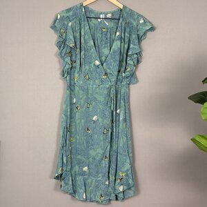 Anthro Feather Bone Butterfly Wrap Dress Tunic Blue Green Ruffle Sleeve Size S